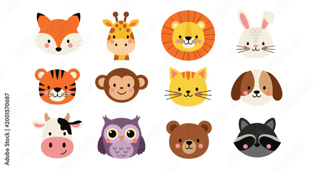 Obraz premium Cute Animal Face Icon Set with Fox, Giraffe, Lion, Rabbit, Dog, Cow, Owl, Monkey, Tiger Cartoon Characters for Kids Design