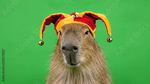 A capybara wearing a red and yellow jester hat with bells, looking directly at the camera against a vibrant green background.