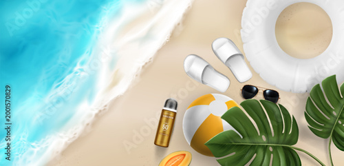Top view of tropical beach sand and sea water waves with realistic sunscreen bottle, sunglasses, inflatable ball and green plant leaves. Vector illustration of summer travel items for banner design