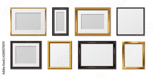 Elegant gold frames with wooden or metal borders for photos and artwork, 3d realistic vector set isolated on white background. Classic golden picture design for certificates and paintings