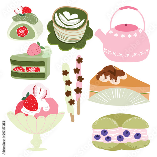 A cute and modern flat vector illustration set featuring matcha and strawberry desserts with a cozy tea theme. Designed in soft pastel colors with a clean, minimal style.