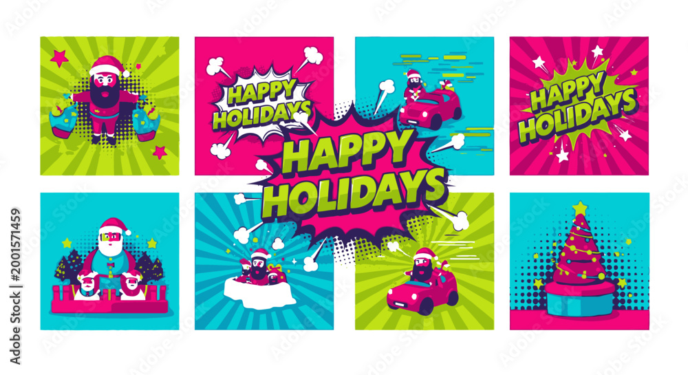 Naklejka premium Retro pop art Santa Claus comic book panels for Christmas