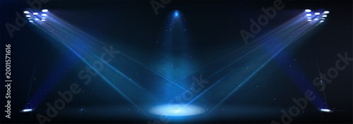 Stadium spotlight shining bright on transparent background. Vector realistic illustration of illumination system for concert stage, show, sports event, night football match, powerful light beams