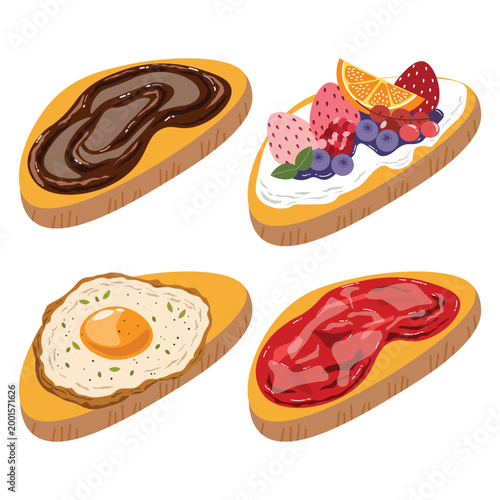 Collection of homemade toast bread in four topping, includes chocolate, strawberry jam, mixed berry, and egg. This design is for cafe manu, breakfast, or food decoration elements for content creators.