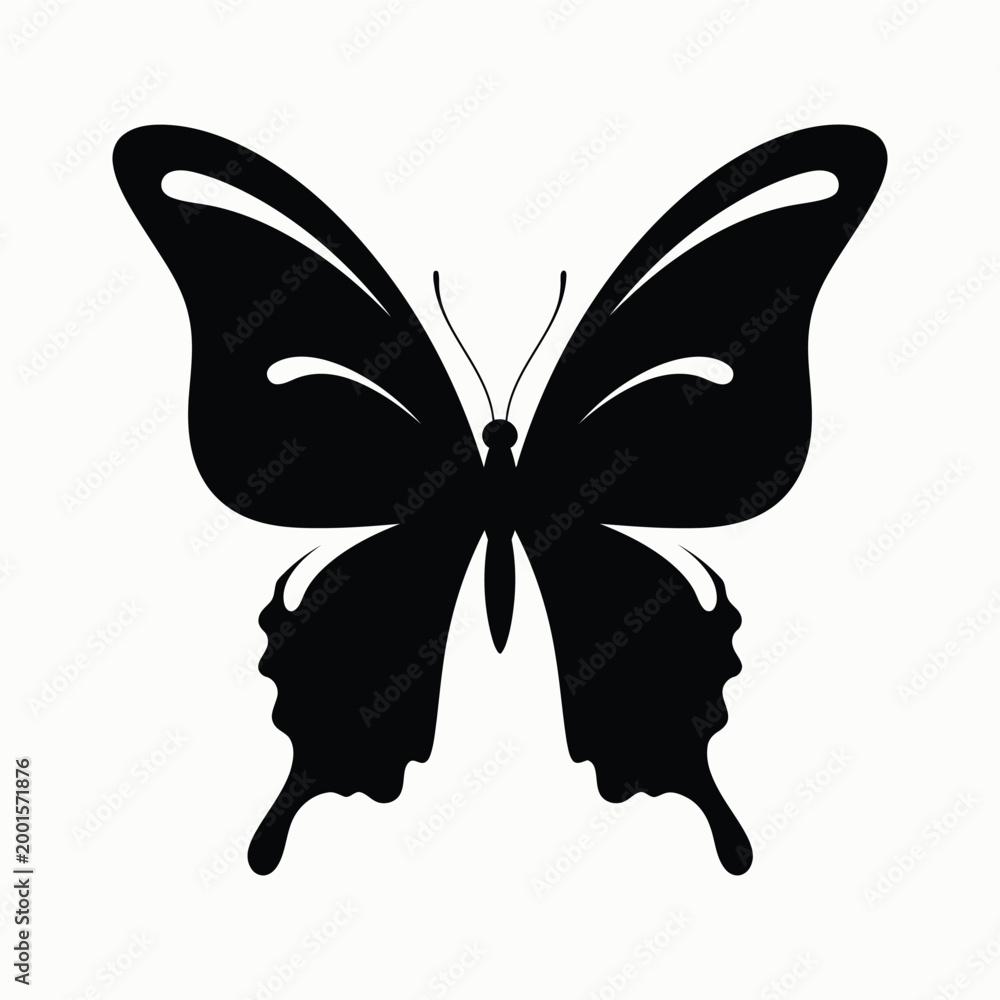 Fototapeta premium Stylized black butterfly silhouette with curved wings and inner cut details isolated on white background vector illustration