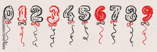 Hand drawn birthday number balloons in doodle sketch charcoal style. Festive digits 0-9 for anniversary invitations, greeting cards and party sticker set.