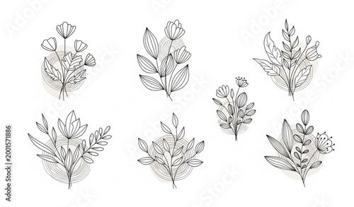 refined collection of botanical abstract line art bouquets featuring herbs, flowers, leaves, and delicate branches in a hand-drawn minimal style. The set includes several elegant floral arrangements w
