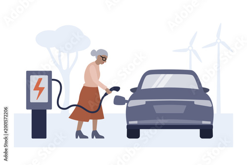 Elderly woman charging electric car at EV station flat vector illustration.