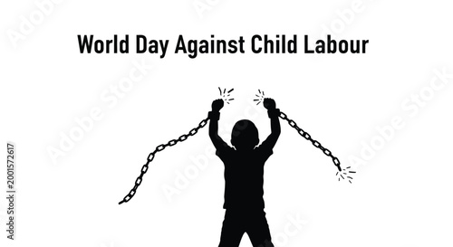 Powerful vector illustration of a child silhouette breaking chains, representing freedom from child labor