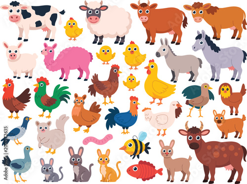 Collection of diverse cartoon farm animals and insects illustrated in a cheerful and vibrant style