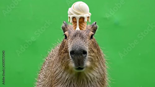 A capybara with an ice cream cone balanced on its head, looking directly at the camera against a vibrant green background.