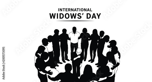 Commemorating International Widows' Day with a vector graphic of a supportive community embracing a grieving individual.