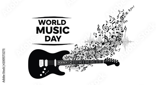 Stylish vector graphic design featuring a black electric guitar with flowing musical notes for world music