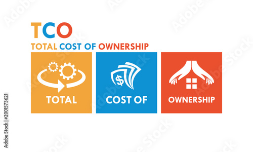 Professional TCO Total Cost of Ownership logo featuring gears, money, and house icons, representing financial analysis, asset management, and long-term business investment strategy.
