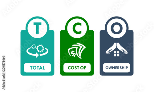 Professional TCO Total Cost of Ownership logo featuring gears, money, and house icons, representing financial analysis, asset management, and long-term business investment strategy.