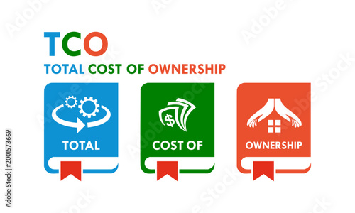 Professional TCO Total Cost of Ownership logo featuring gears, money, and house icons, representing financial analysis, asset management, and long-term business investment strategy.
