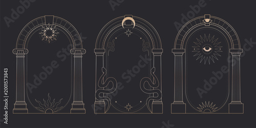 Celestial arch frames set with mystic moon, sun and stars on black background. Vector illustration of elegant golden boho borders with antique Greek pillars, esoteric and astrology cards design