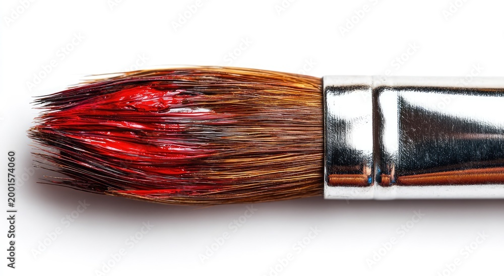 Fototapeta premium Close up of a paintbrush with red paint on a white background