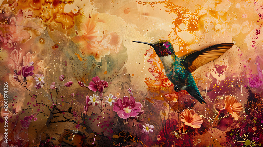 Fototapeta premium Vibrant hummingbird in flight amidst colorful floral background