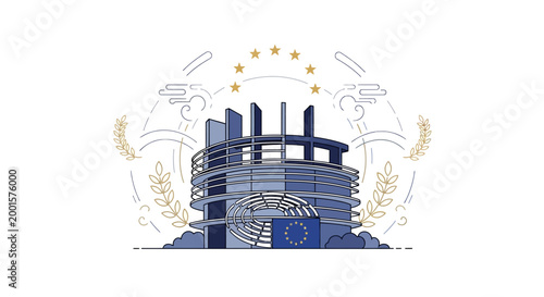 Celebrating Europe Day, a stylized flat illustration features the European Parliament building under a circle of golden stars, adorned with laurel branches against a clean white backdrop