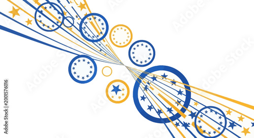 Celebrating Europe Day, a festive abstract design features blue and gold circles adorned with stars, radiating outward with dynamic lines on a clean white background, creating a celebratory