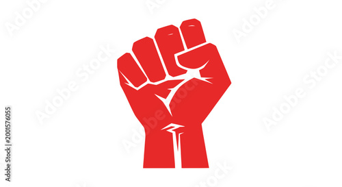 Red clenched fist raised in protest on white background