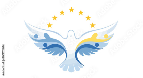 Celebrating Europe Day, a symbolic vector illustration features a dove with wings forming human figures in blue and yellow, crowned by a semicircle of gold stars against a clean white