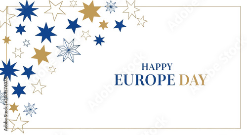 A festive Europe Day graphic featuring scattered blue and gold star ornaments arranged in the upper-left corner, complemented by a simple text message on a bright white background