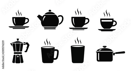 Collection of various coffee cups and a coffee pot with steaming hot beverages on a white background