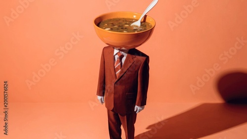 Surreal businessman with a bowl of soup for a head, a spoon in hand.