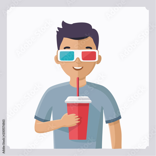 Man wearing 3D glasses and drinking a soda