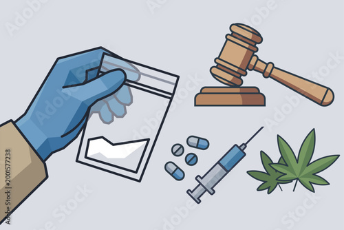 Drug evidence bag with judge gavel, syringe and cannabis leaf, narcotics law and criminal justice concept, vector illustration