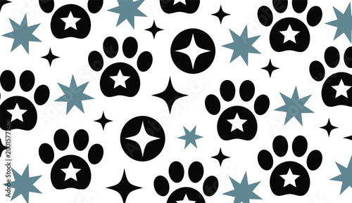 Pet cat dog paw print blue star seamless art pattern