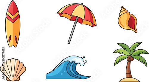 Colorful beach including surfboard, umbrella, conch shell, palm tree, wave, and scallop shell