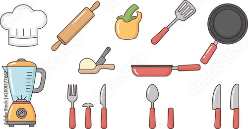 Kitchen utensils and tools set, cooking essentials cooking tools chef hat rolling pin blender