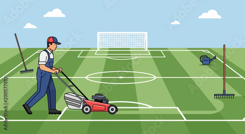 Person mowing a sports field with a lawnmower, preparing for a game or event