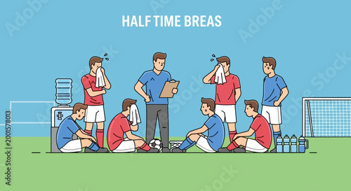 A soccer team resting during a half time break with their coach giving instructions and water bottles on the side