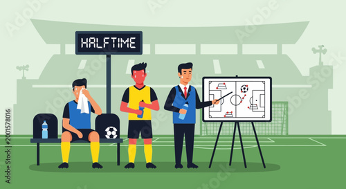 Sports Coach Explaining Strategy to Soccer Players During Half Time Break with Tactics Board at Stadium