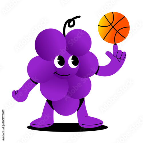 Cute grape mascot character performing various sports activities. Bright colorful cartoon illustration representing healthy lifestyle, fitness, exercise, active living in a modern flat design style