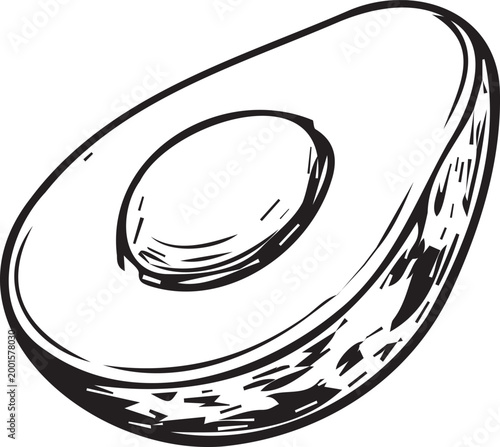 Minimal black and white line art illustration of avocado. Clean hand drawn sketch isolated on transparent background, perfect for healthy food design, vegan branding, menu, packaging, logo.