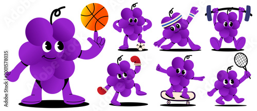 Cute grape mascot character set performing various sports activities including basketball, soccer, tennis, boxing, skateboarding, and weightlifting. representing healthy lifestyle, fitness, exercise