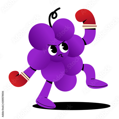 Cute grape mascot character performing various sports activities. Bright colorful cartoon illustration representing healthy lifestyle, fitness, exercise, active living in a modern flat design style