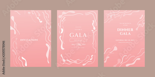 Collection of three pink gradient gala invitation templates with white abstract fluid shapes, featuring 2027. Perfect for event promotion and announcements.