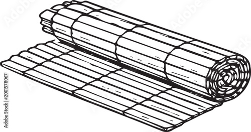 Minimal black and white line art of bamboo sushi rolling mat (makisu). Clean hand drawn illustration isolated on transparent background, perfect for Japanese food design, sushi menu, packaging and ico