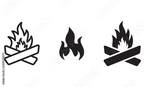 Outdoor campfire icon. Burning flame and wood fire symbol. Blaze, heat and smoke sign. Camping and nature hearth concept representing warm outdoor campfire and fire