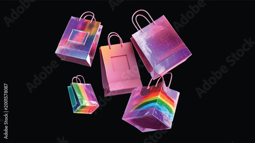 Holographic Shopping Bags Floating on Black Background For E-commerce and Retail Concepts