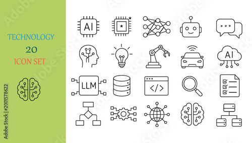Technology AI Icon Set – 20 Modern Artificial Intelligence, Machine Learning, Robotics & Digital Innovation Line Icons