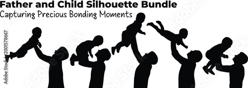 Father Holding Baby Silhouette Set Loving Dad and Child in Various Poses Isolated on White Background