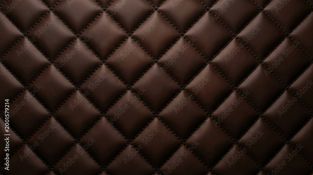 Naklejka premium Rich dark chocolate brown quilted leather surface with diamond stitching pattern, luxury upholstery texture.