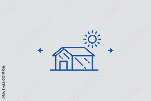 Greenhouse with sun line icon for identifying glasshouse facilities and solar-powered plant growth. Sustainable vector illustration for urban farming projects and seasonal vegetable nursery brochures.